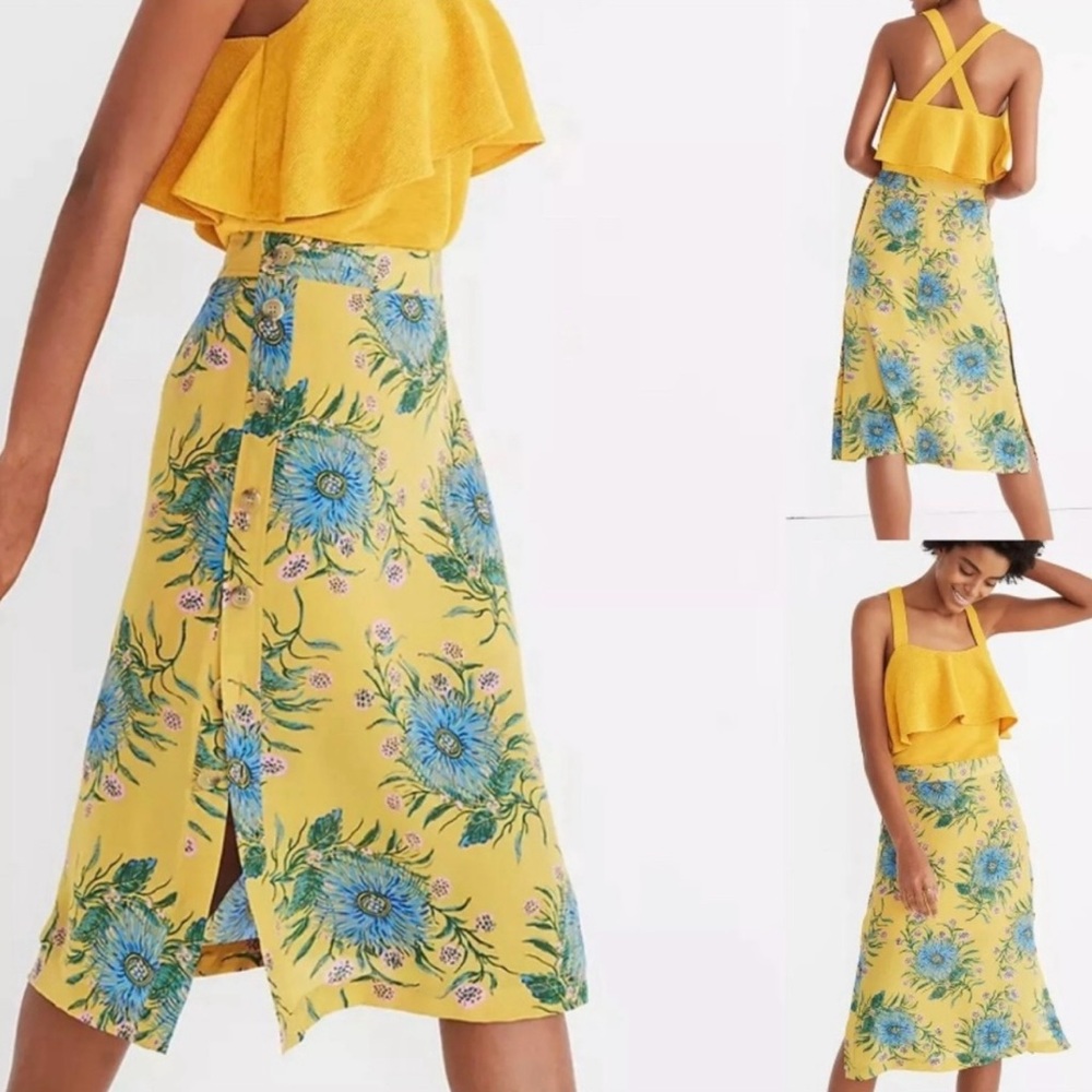 Madewell 100% Silk Floral Yellow Midi Skirt